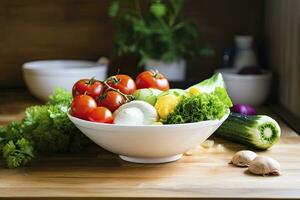 ai généré cuisine encore la vie avec blanc bol de lavé des légumes sur en bois bureau. ai généré photo