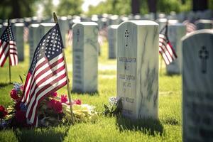 ai généré militaire pierres tombales et pierres tombales décoré avec drapeaux pour Mémorial journée. ai généré photo