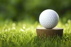 ai généré blanc le golf Balle sur en bois tee avec herbe. génératif ai photo