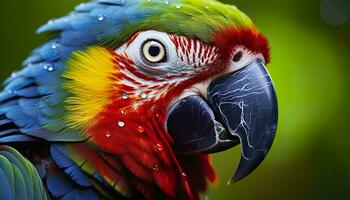 ai généré tropical ara perché, vibrant plumes dans se concentrer. génératif ai photo