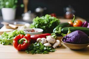 ai généré pour cuisson, Frais légumes, vert salade, poivrons, champignons, et aubergine. ai généré photo