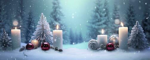 ai généré hiver forêt paysage avec brûlant bougies Noël décoration. ai généré photo