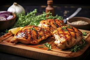 ai généré fermer de savoureux rôti poulet Sein servi sur en bois planche. grillé poulet. génératif ai photo