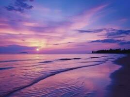 ai généré été plage avec bleu l'eau et violet ciel à le le coucher du soleil. ai généré. photo