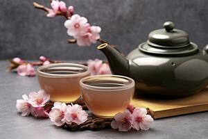 ai généré traditionnel cérémonie. tasses de brassée thé, théière et Sakura fleurs sur gris tableau. génératif ai photo