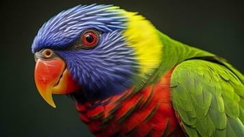 ai généré côté vue fermer de magnifique et coloré Lorikeet vert nuque oiseau. génératif ai photo