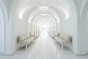 ai généré intérieur conception de une moderne luxueux blanc bâtiment couloir ou couloir avec attendre siège. ai généré photo