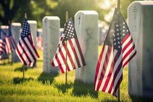 ai généré militaire pierres tombales et pierres tombales décoré avec drapeaux pour Mémorial journée. ai généré photo