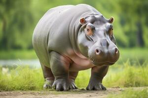 ai généré hippopotame en marchant dans une vert champ. ai généré photo