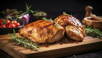 ai généré fermer de savoureux rôti poulet Sein servi sur en bois planche. grillé poulet. génératif ai photo