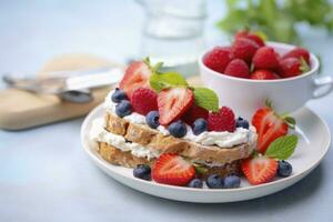 ai généré Frais petit déjeuner avec myrtille, fraise, framboise ricotta seigle sandwichs. ai généré photo