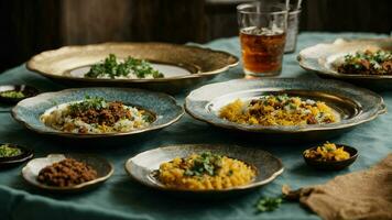 ai généré expérience avec différent placage surface, tel comme traditionnel Indien portion assiettes. photo