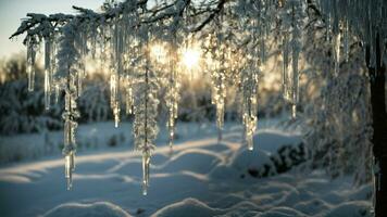 ai généré une symphonie de glaçons créer une visuellement étourdissant composition par se concentrer sur complexe glaçons pendaison de arbre branches, reflétant le hiver Soleil dans une éblouissant afficher de Naturel art. photo