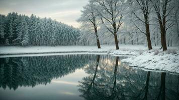 ai généré l'hiver réflexion présent une semblable à un miroir réflexion de couvert de neige des arbres sur le vitreux surface de une congelé lac, création une visuellement frappant et symétrique composition. photo