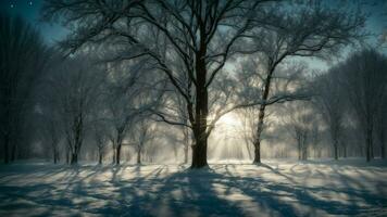 ai généré représenter le magique atmosphère établi par clair de lune filtration par le branches de hiver des arbres, moulage longue ombres sur le couvert de neige sol et éclairant le gel photo