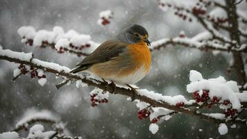 ai généré décris le comportement et interaction de hiver des oiseaux perché sur couvert de neige branches, capturer leur résistance dans le visage de du froid temps et leur rôle dans le hiver écosystème. photo