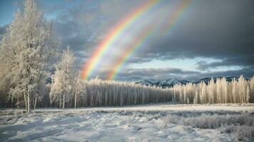 ai généré écrire à propos le rare occurrence de une hiver arc en ciel cambrure plus de une bosquet de chargé de neige tremble des arbres. photo