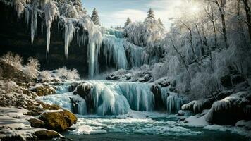 ai généré créer une vif image de une congelé cascade encadré par couvert de glaçons des arbres. photo