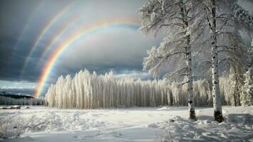 ai généré écrire à propos le rare occurrence de une hiver arc en ciel cambrure plus de une bosquet de chargé de neige tremble des arbres. photo