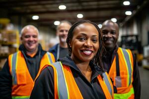 ai généré portrait de souriant femelle entrepôt ouvrier permanent avec Personnel dans Contexte à entrepôt photo