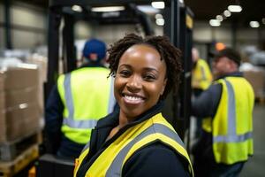 ai généré portrait de souriant femelle entrepôt ouvrier permanent avec Personnel dans Contexte à entrepôt photo