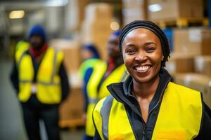 ai généré portrait de souriant africain américain femelle entrepôt ouvrier permanent dans entrepôt avec collègues dans Contexte photo