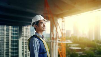 ai généré portrait de asiatique ingénieur ou architecte sur construction site avec bâtiment Contexte photo