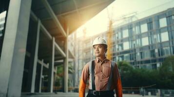 ai généré portrait de asiatique ingénieur ou architecte sur construction site avec bâtiment Contexte photo