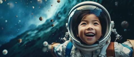 ai généré portrait de une mignonne asiatique peu fille portant astronaute costume et souriant dans espace photo