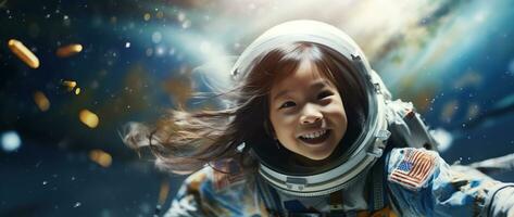 ai généré portrait de une mignonne asiatique peu fille portant astronaute costume et souriant dans espace photo