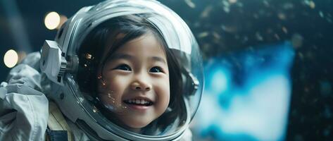 ai généré portrait de une mignonne asiatique peu fille portant astronaute costume et souriant dans espace photo