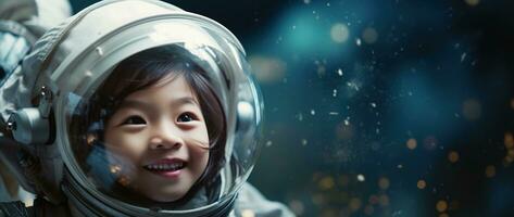 ai généré portrait de une mignonne asiatique peu fille portant astronaute costume et souriant dans espace photo