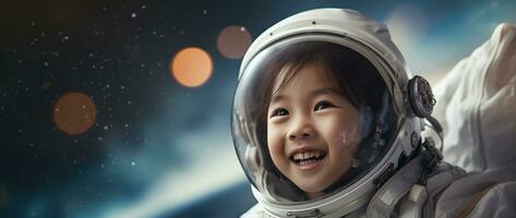 ai généré portrait de une mignonne asiatique peu fille portant astronaute costume et souriant dans espace photo