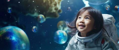 ai généré portrait de une mignonne asiatique peu fille portant astronaute costume et souriant dans espace photo