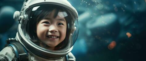 ai généré portrait de une mignonne asiatique peu fille portant astronaute costume et souriant dans espace photo