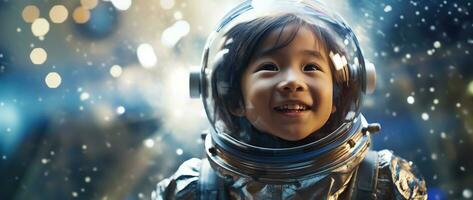ai généré portrait de une mignonne asiatique peu fille portant astronaute costume et souriant dans espace photo
