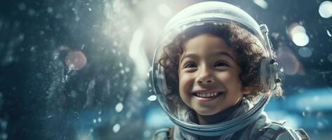 ai généré portrait de une mignonne asiatique peu fille portant astronaute costume et souriant dans espace photo