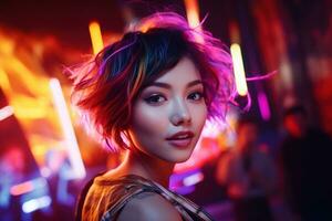 ai généré portrait de Jeune magnifique asiatique femme dansant dans nuit club. photo