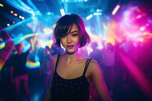 ai généré portrait de Jeune magnifique asiatique femme dansant dans nuit club. photo