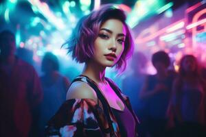 ai généré portrait de Jeune magnifique asiatique femme dansant dans nuit club. photo