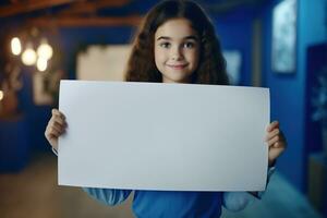 ai généré mignonne peu fille en portant Vide blanc feuille de papier dans sa mains photo