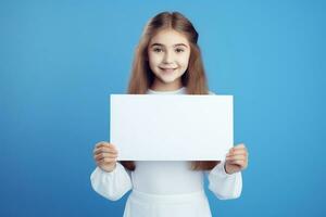 ai généré mignonne peu fille en portant Vide blanc feuille de papier dans sa mains photo