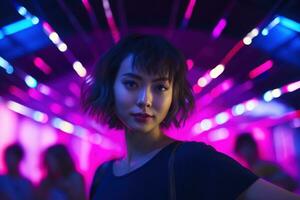 ai généré portrait de Jeune magnifique asiatique femme dansant dans nuit club. photo