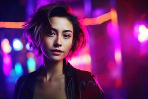 ai généré portrait de Jeune magnifique asiatique femme dansant dans nuit club. photo