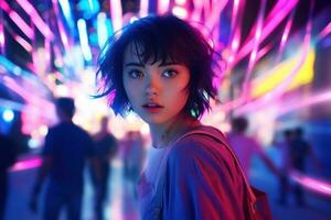 ai généré portrait de Jeune magnifique asiatique femme dansant dans nuit club. photo