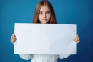 ai généré mignonne peu fille en portant Vide blanc feuille de papier dans sa mains photo