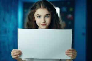 ai généré mignonne peu fille en portant Vide blanc feuille de papier dans sa mains photo