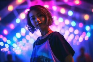 ai généré portrait de Jeune magnifique asiatique femme dansant dans nuit club. photo