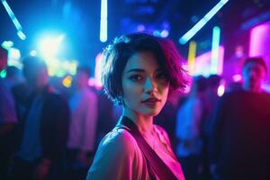 ai généré portrait de Jeune magnifique asiatique femme dansant dans nuit club. photo