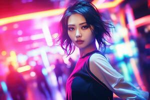 ai généré portrait de Jeune magnifique asiatique femme dansant dans nuit club. photo